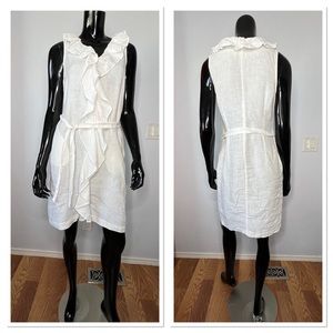 Talbots Linen Dress Ruffle Collar Size 4P White Lightweight Pockets